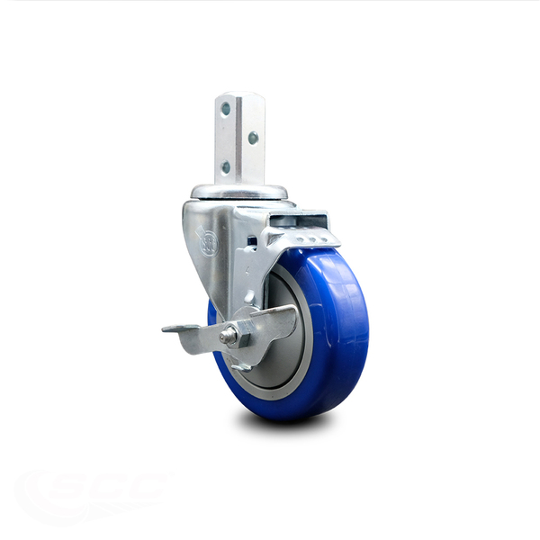Service Caster 4 Inch Blue Polyurethane Wheel Swivel 3/4 Inch Square Stem Caster with Brake SCC-SQ20S414-PPUB-BLUE-TLB-34